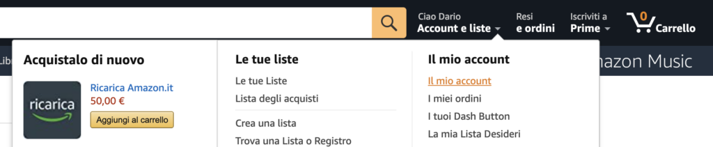 In questa immagine è mostrato il click a "Il mio account" da effettuare per aggiornare le informazioni relative al proprio codice fiscale sulla piattaforma Amazon.